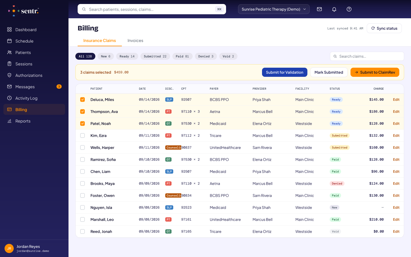 Insurance claims queue with status by claim and bulk submit to ClaimRev (demo data)