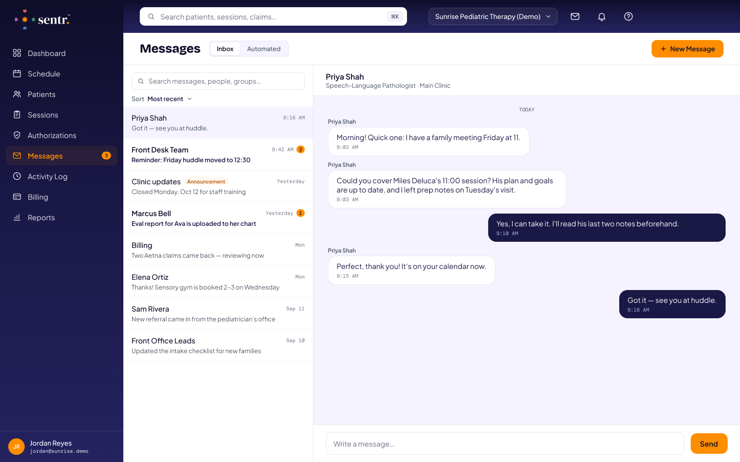 Team inbox with a conversation thread (demo data)