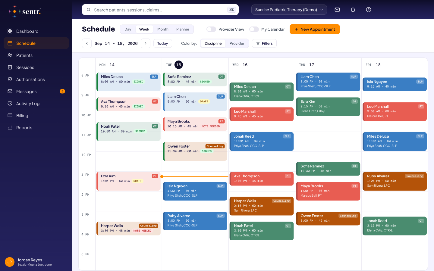 Weekly schedule with sessions color-coded by discipline and note status on each visit (demo data)