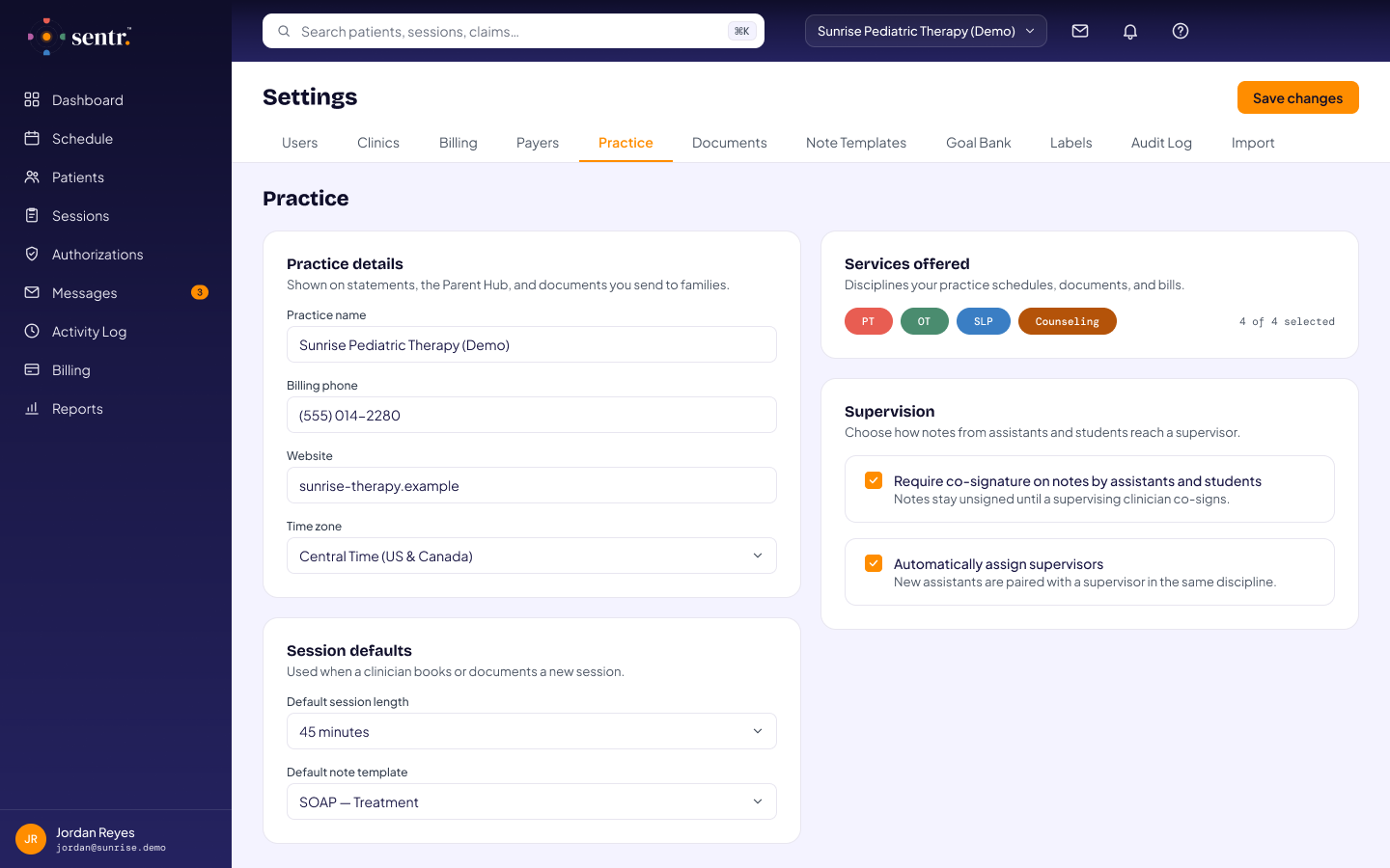 Practice settings: details, session defaults, services and supervision (demo data)